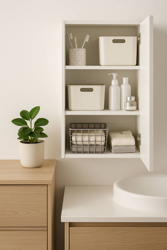 Minimalistisch organisiertes Badezimmer mit Aufbewahrungsboxen, Haken und freien Flächen.