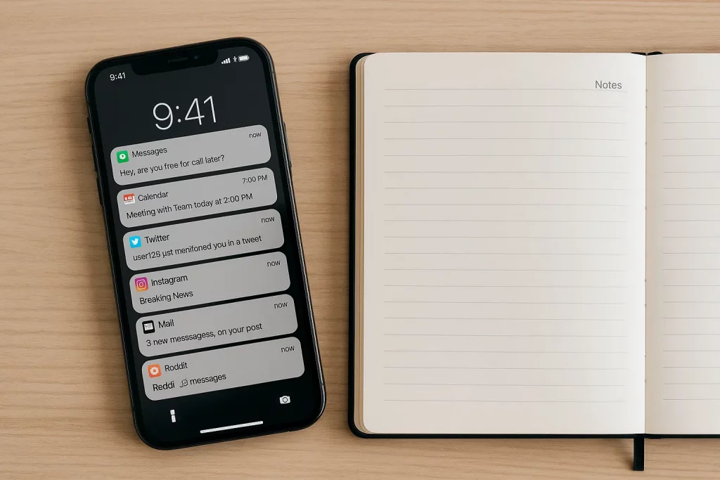 Smartphone voller Benachrichtigungen neben einem leeren Notizbuch – Kontrast zwischen digitalem Chaos und digitalem Minimalismus