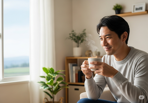 Ein entspannter Mann trinkt Tee in einem aufgeräumten Wohnzimmer – Symbol für Klarheit nach Überforderung im Alltag.
