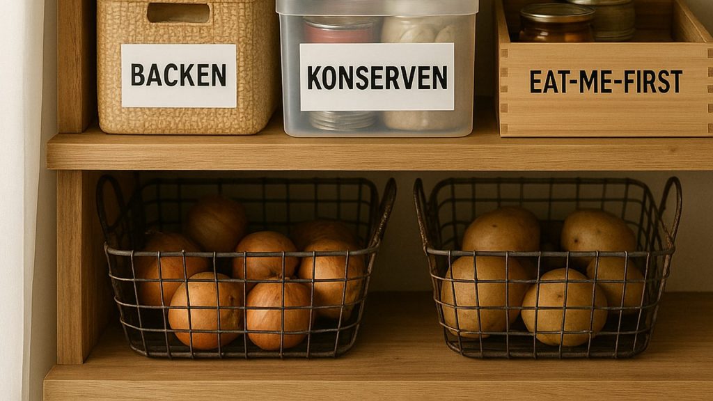 Speisekammer mit offenen Regalen, transparenten Vorratsgläsern und beschrifteten Boxen – Speisekammer minimalistisch organisieren in der Küche.