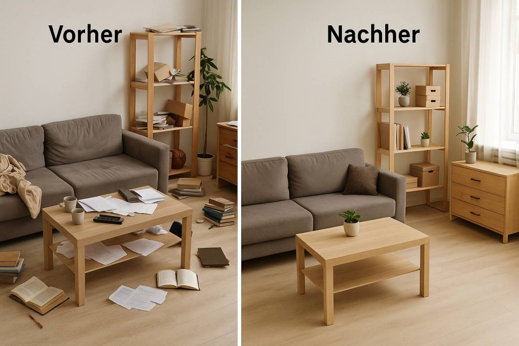 Vorher–Nachher-Bild zeigt einen aufgeräumten, minimalistisch organisierten Wohnbereich im Vergleich zu einem unordentlichen Raum.
