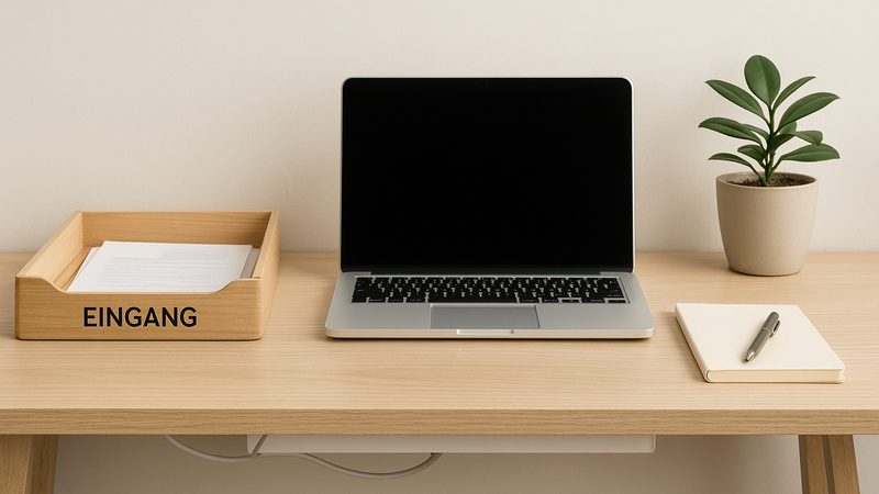 Minimalistisch organisierter Schreibtisch mit Inbox-Schale („EINGANG“), Laptop, Notizbuch und Pflanze – Papierkram analog organisieren.
