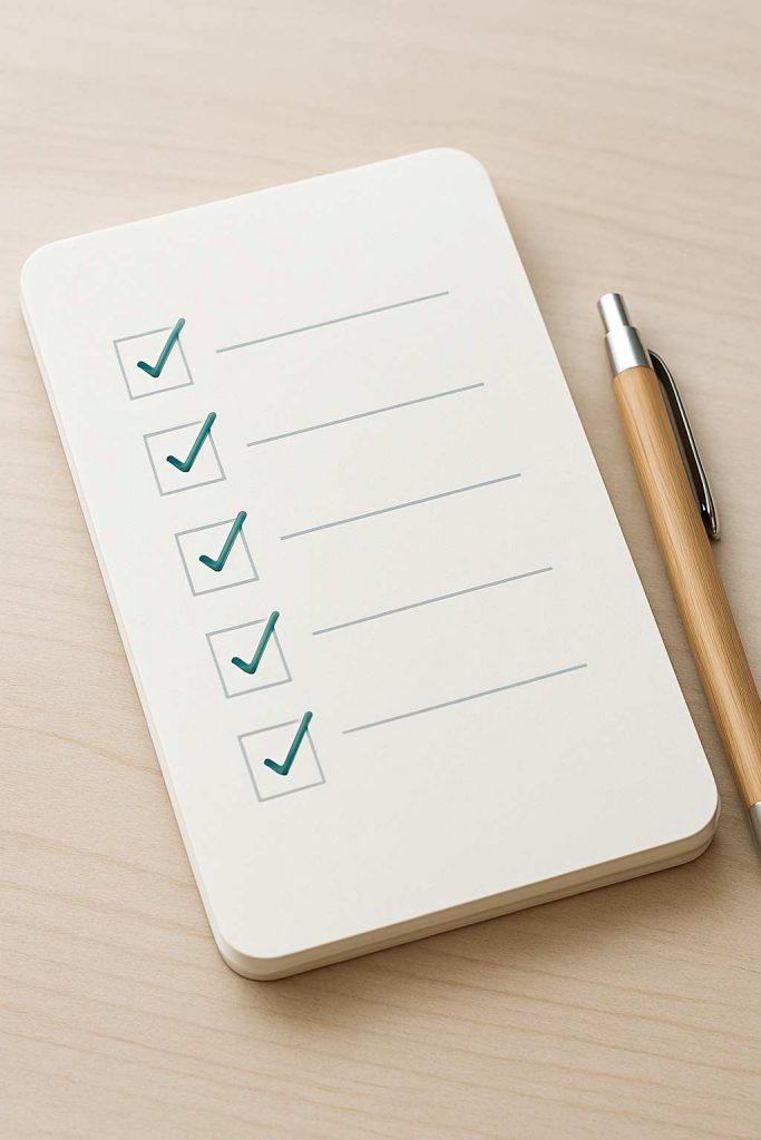 Wohnung ausmisten Checkliste – minimalistischer Notizblock mit Stift und abgehakten Punkten
