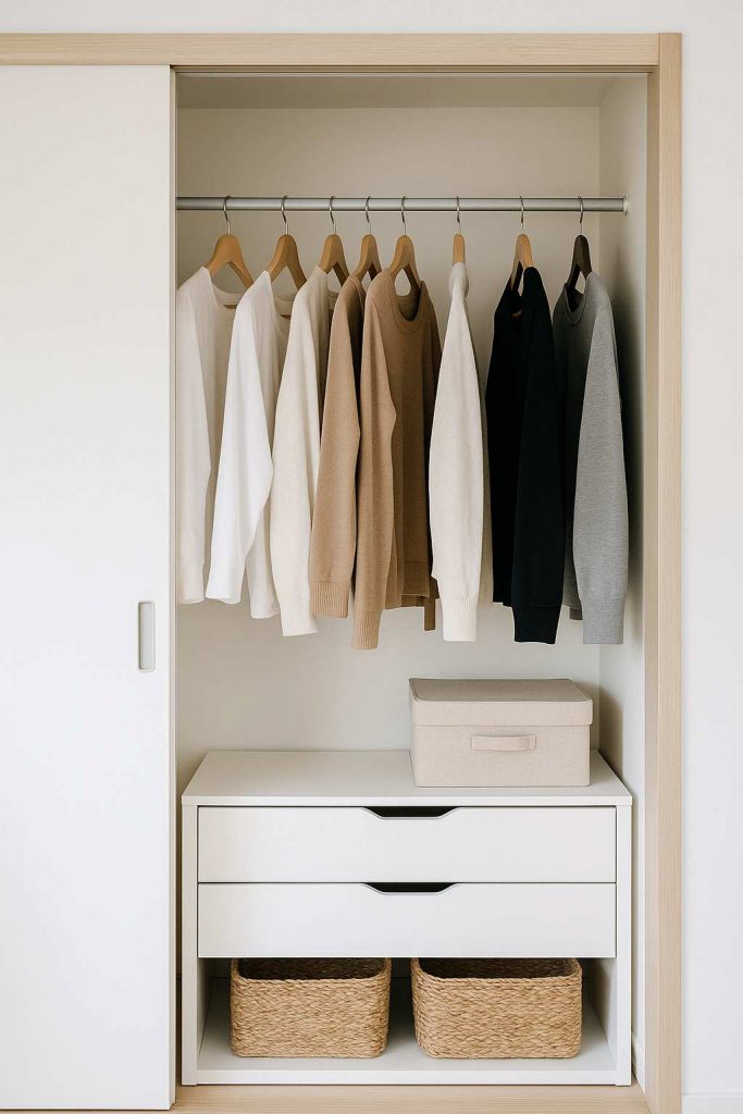 Wohnung ausmisten im Kleiderschrank – minimalistischer Kleiderschrank mit geordneter Kleidung und klarer Struktur