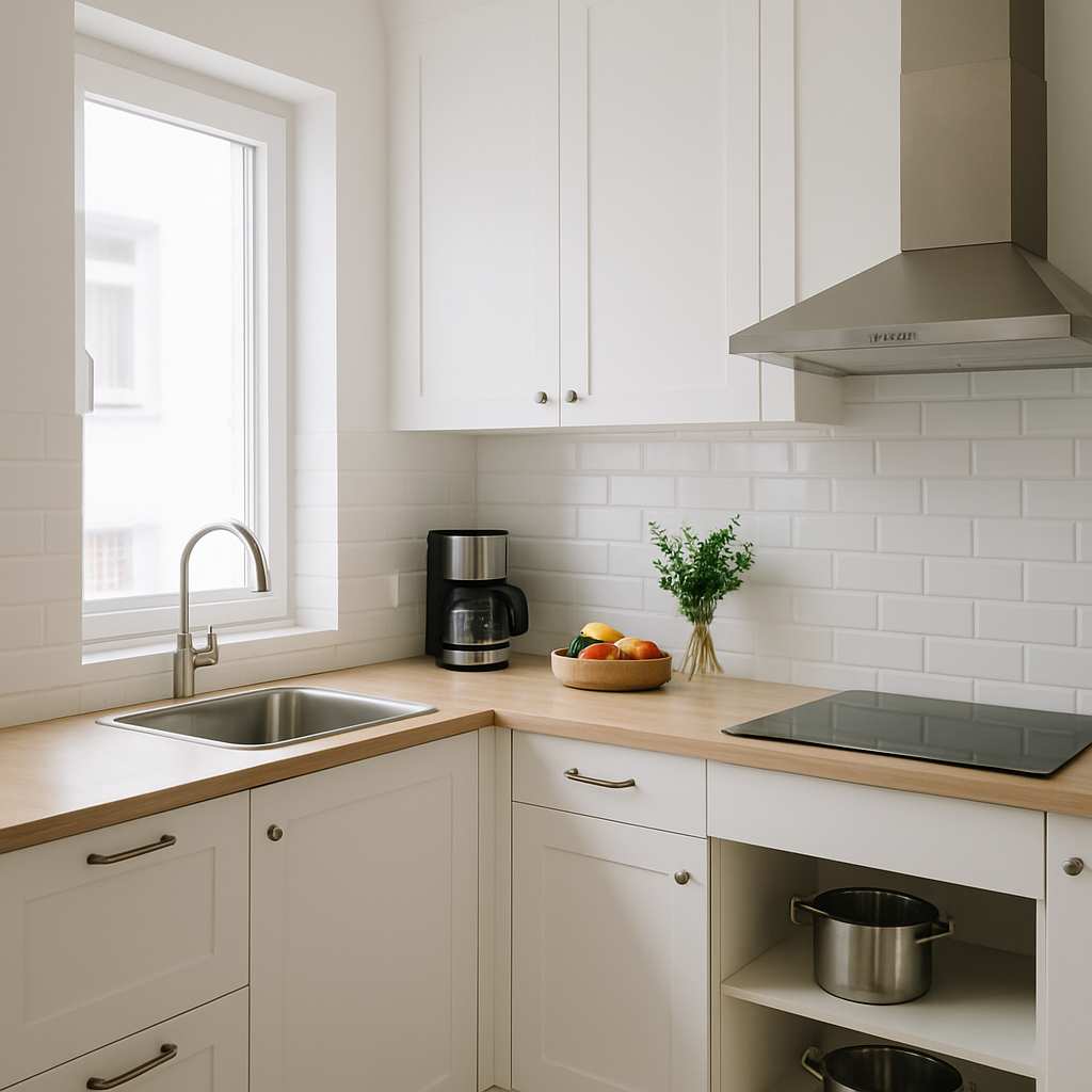 Wohnung ausmisten in der Küche – aufgeräumte, minimalistische Küche mit freien Arbeitsflächen und klarer Ordnung