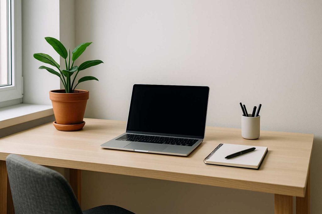 Wohnung ausmisten im Homeoffice – aufgeräumter minimalistischer Schreibtisch mit Laptop, Pflanze und klarer Ordnung