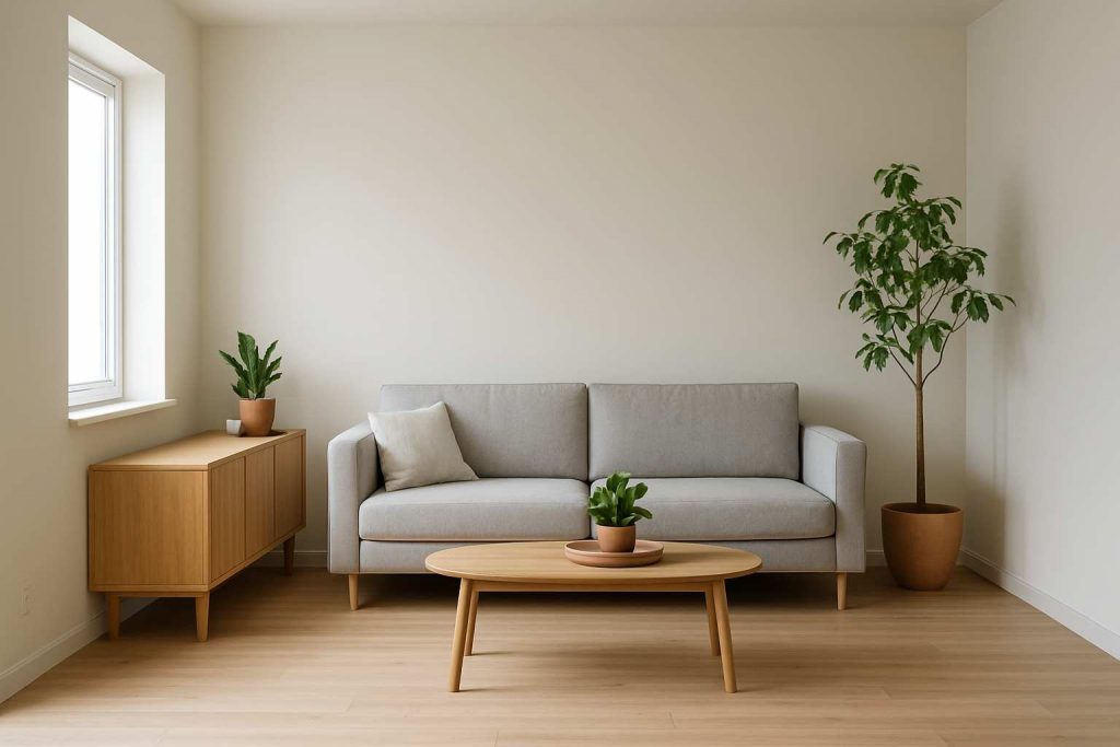 Wohnung ausmisten im Wohnzimmer – minimalistisches, aufgeräumtes Wohnzimmer mit Sofa, Pflanzen und Tageslicht