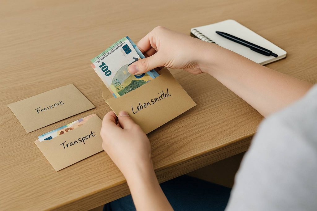 Bargeld wird in Umschläge sortiert als einfache Methode, um Geld sparen im Alltag