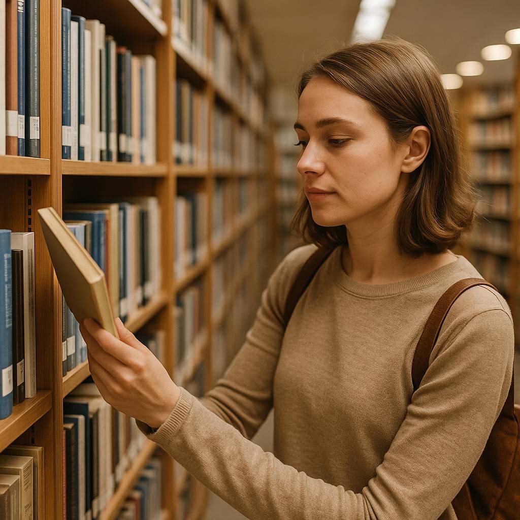 Person leiht Bücher in einer Bibliothek als Möglichkeit, Geld sparen im Alltag