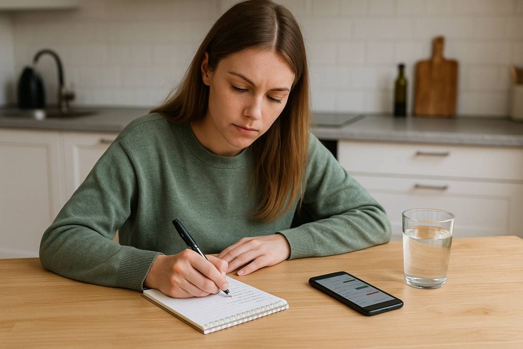 Frau schreibt Einkaufszettel, um Geld sparen im Alltag und Minimalismus in der Küche umzusetzen