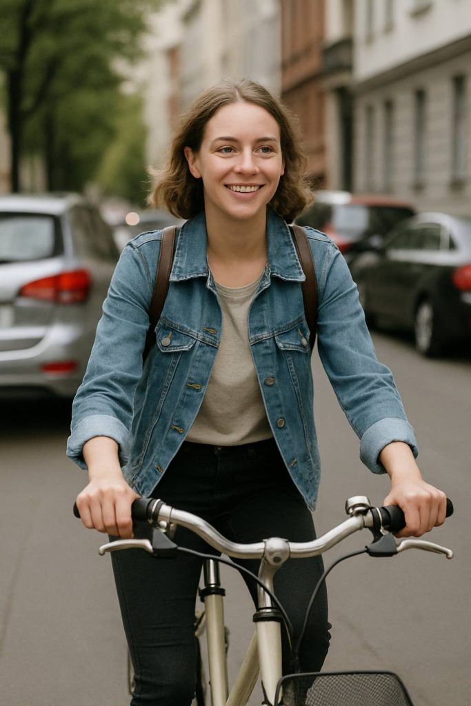 Person fährt Fahrrad durch die Stadt als Möglichkeit, Geld sparen im Alltag
