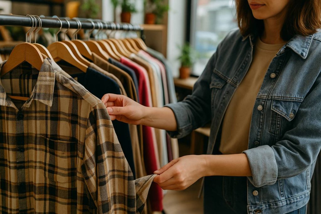 Person sucht Kleidung im Second-Hand-Laden als Möglichkeit, Geld sparen im Alltag