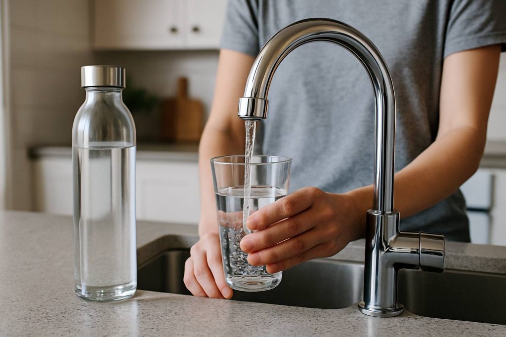 Glas wird mit Leitungswasser gefüllt als einfache Möglichkeit, Geld sparen im Alltag