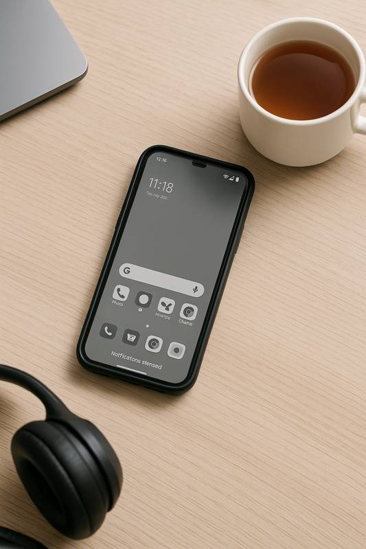 Smartphone mit graustufigem Display auf einem aufgeräumten Schreibtisch – Stress im Alltag reduzieren durch weniger digitale Ablenkungen