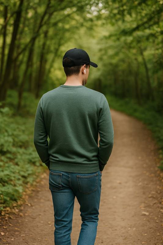 Junger Mann spaziert entspannt auf einem Waldweg – Stress im Alltag reduzieren durch Natur und Bewegung