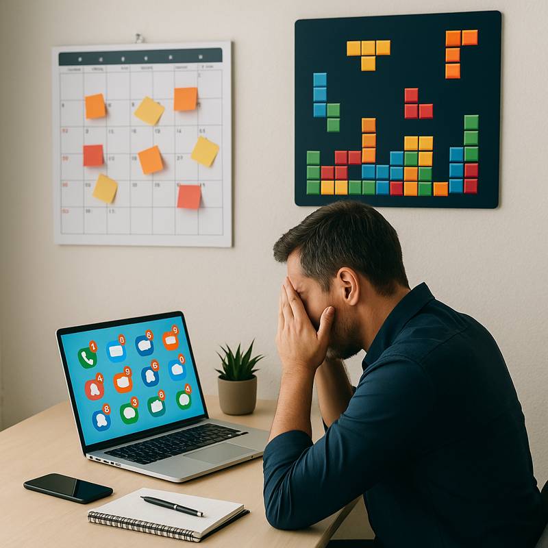 Gestresster Mann am Schreibtisch mit Kalender und Laptop – Symbolbild für Stress im Alltag reduzieren
