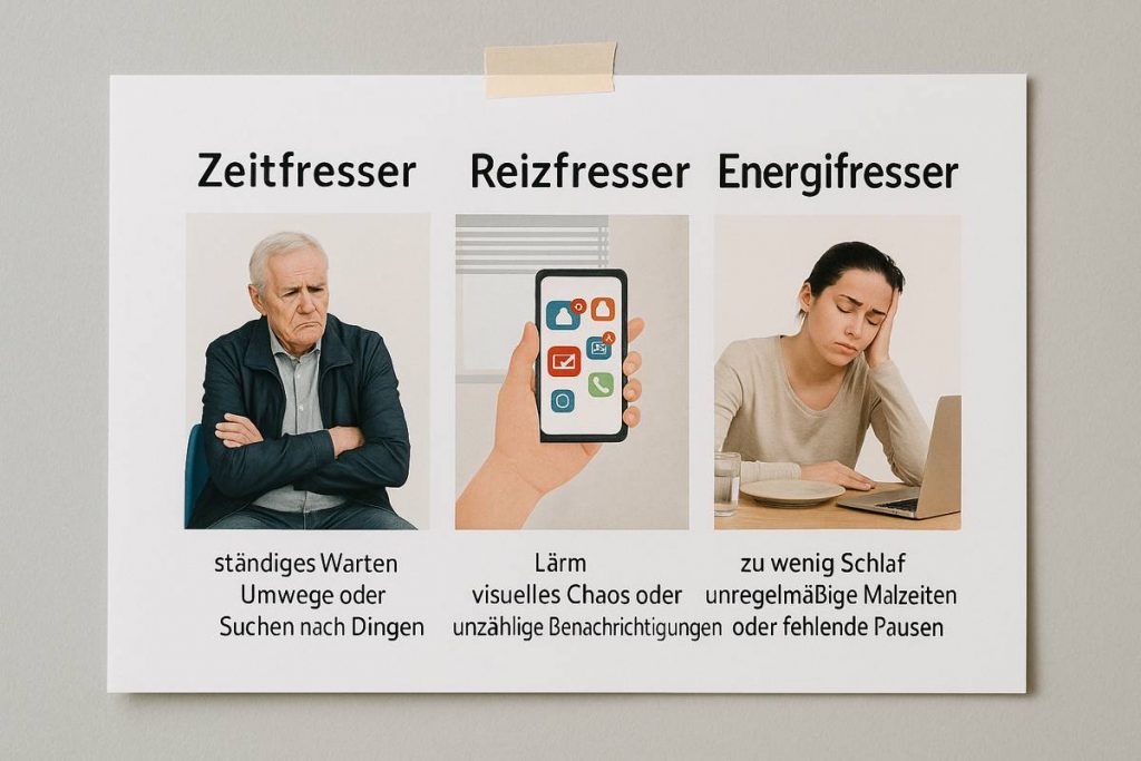 Handgezeichnete Infografik zu Zeitfressern, Reizfressern und Energiefressern – Stress im Alltag reduzieren durch bessere Gewohnheiten